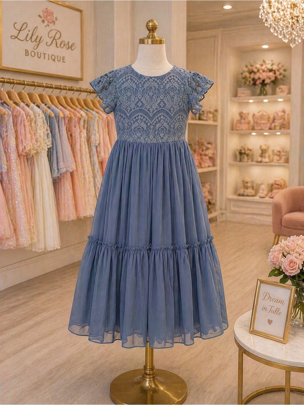 Adorable Girl’s Boho Blue Lace Ruffle Dress, Size 4